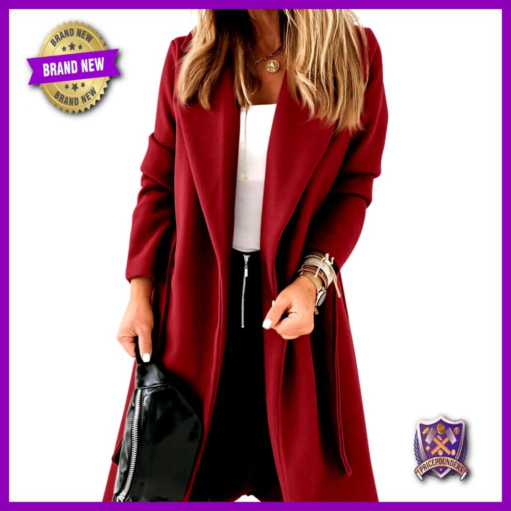 Classic Lapel Collar Open Front Belted Long Pea Coat Jacket Women's Wool